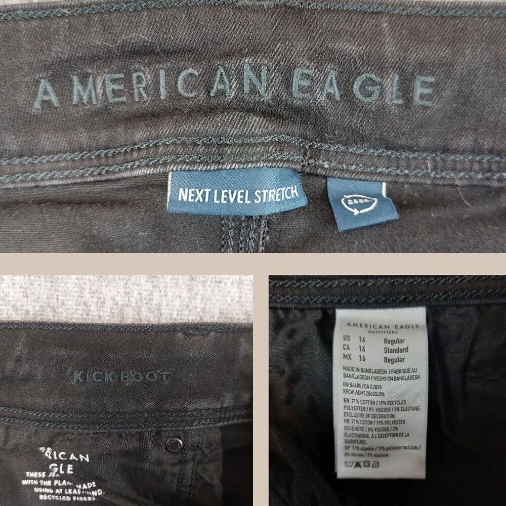 American Eagle Next Level Stretch Kick Boot Jeans Womens 16 (Fit 36x30) Black - Picture 5 of 8